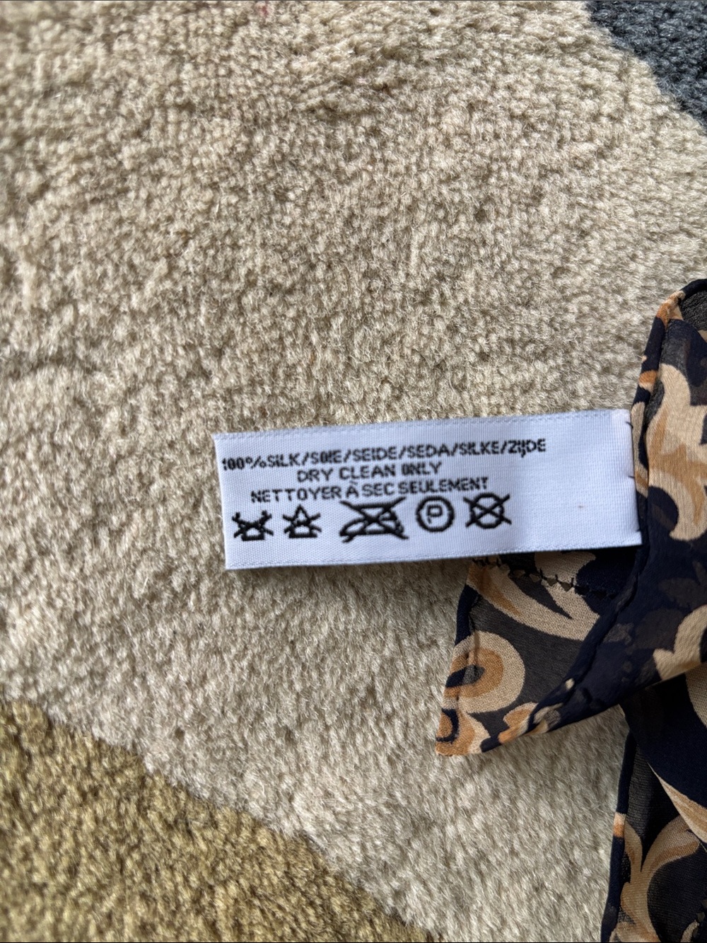 Vintage Liz Claiborne Small 100% Silk Black Scarf with Tan Scroll Pattern - Picture 3 of 4